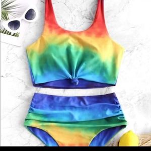Zaful Knot Ruched Rainbow TieDye Swimsuit